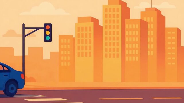 Animated blue car stopped at traffic light in city street, urban skyline background with tall buildings, road safety and transportation concept, vector style motion graphic
