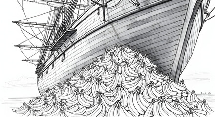 Vintage Tall Ship with Banana Pile, Monochrome Drawing Illustration