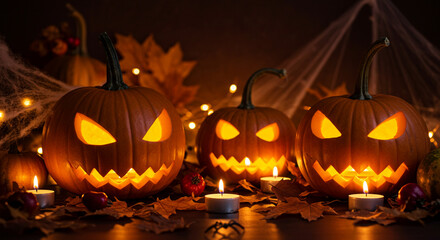 Scary Halloween Pumpkins with Candles and Spider Web Decoration