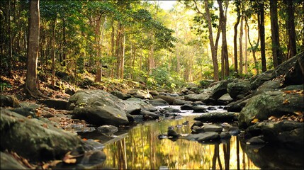 stream. Sunlit forest stream with dappled light reflecting off crystal clear water over rocks. travel magazines, destination branding, designed for travel destination branding, used by researchers.