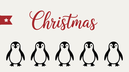 Naklejka premium A christmas themed image with five penguin illustrations and the word christmas in red script