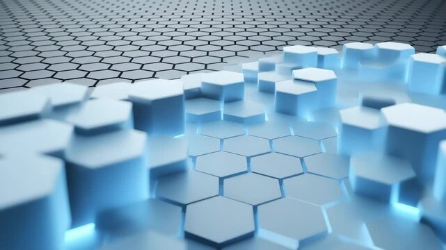 Hexagonal grid pattern, with some hexagons illuminating or rising - Structured, technological, intelligent, architectural