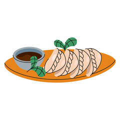 Vector Chinese dumplings or traditional China food. Steamed gyoza or fried jiaozi with soy sauce. Dough wrapper for meal. Dish for festive or meal for celebration. Asian dish or cuisine. Culinary.
