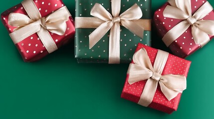 Obraz premium Red And Green Gift Boxes With Gold Ribbons On Green Background