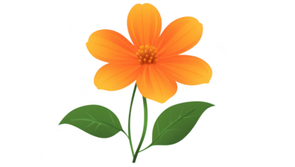 A orange flower with delicate petals and lush green leaves stands gracefully against a clean white background. symbolizing beauty and natures elegance