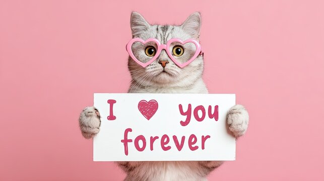 Cute cat in heart glasses holding sign with romantic love message on pink background for valentine design