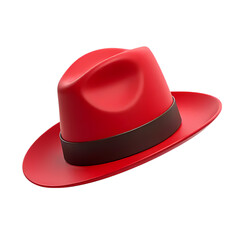 3d A vibrant red fedora hat with a dark brown band floating isolated on transparent background