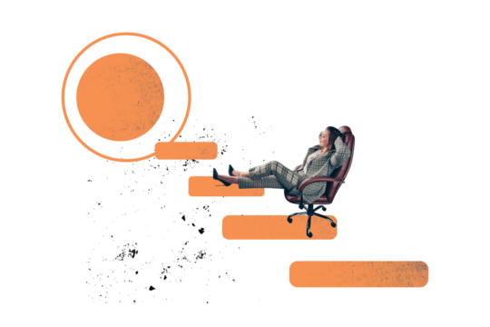 Creative collage picture young businesswoman sit armchair relax task done reach success project manager boss agent drawing background