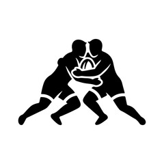 Minimalist Flat Vector Black Silhouette of Two Wrestlers Grappling