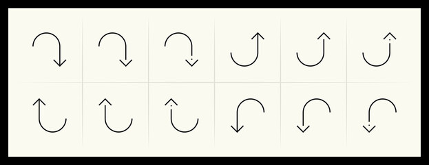 Outline circular and curved arrow icon set. Direction, navigation, downward, reload, clockwise, turn down, turn left, upward and more.