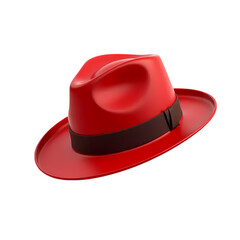 3d A vibrant red fedora hat with a dark brown band floating isolated on transparent background
