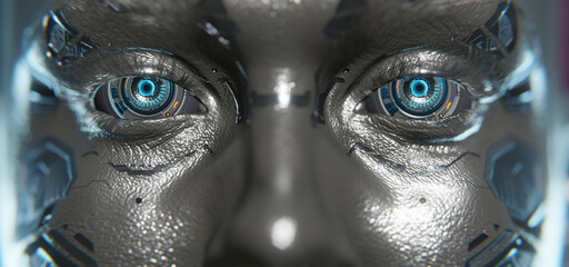 A futuristic humanoid robot with metallic skin and embedded circuits stands still with eyes closed, moments before awakening. The image captures a blend of humanity and advanced technology.