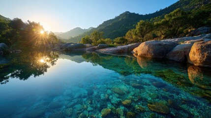 Fototapeta premium Crystal-clear pool reflecting a sunrise over a mountain range.