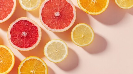 Fototapeta premium Minimal fruit background, simple arrangement of sliced citrus fruits like oranges, lemons, and grapefruits, placed on clean white and pastel backdrop, flat lay design, smooth gradients, fresh.