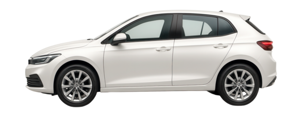 White compact car, small passenger vehicle, side view.