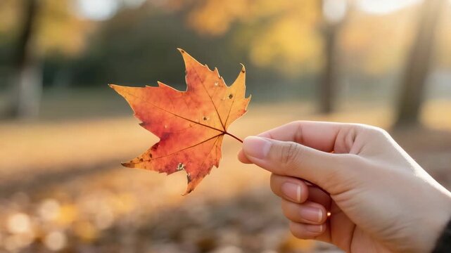 Close-up of a human hand gently holding a vivid orange maple leaf against a sunlit autumn park. Blurred background with golden tones. Peaceful seasonal moment.