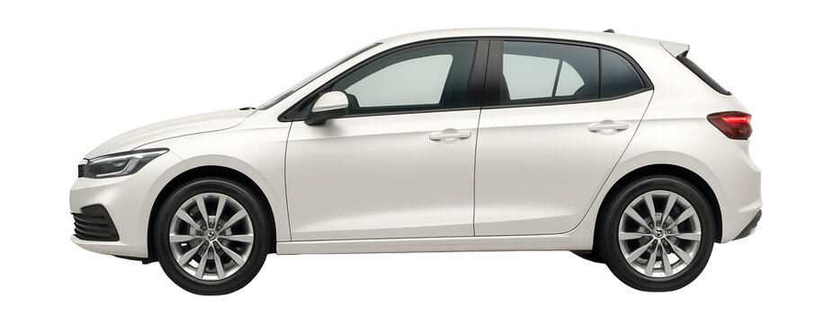 White compact car, small passenger vehicle, side view.