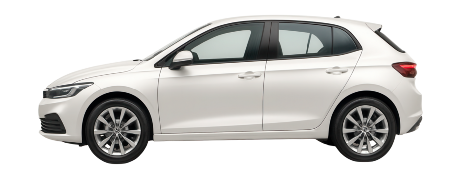 White compact car, small passenger vehicle, side view.