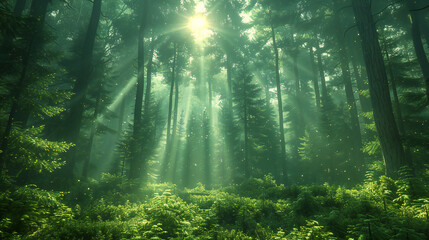 Obraz premium Whimsical Enchanted Forest with Moss-Covered Evergreen Trees, Mystical Ambiance, and Ancient Magic within the Canopy