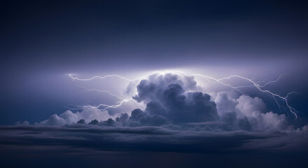 Dramatic thunderstorm with lightning strikes illuminating a large cumulonimbus cloud formation against a dark, ominous sky.