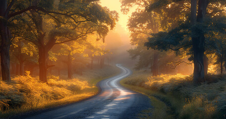 Obraz premium Serene Morning Forest Road with Warm Lighting and Lush Greenery, Perfect for Outdoor Photography or Illustration