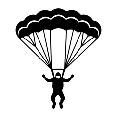 Flat Vector Black Parachutist Silhouette Icon on White Background