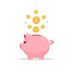 Illustration of a pink piggy bank with gold dollar coins falling into it, representing saving money, investment, and financial planning