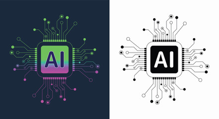 Artificial intelligence icon, sign, logo in the circuit line style. AI processor vector icon flat design. Motherboard digital chip AI.