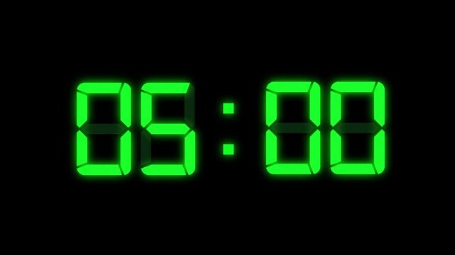 5s digital stopwatch animation counting upward. Digital timer of 05 seconds with regular hundredths, 4K UHD, optimized for 30 fps to avoid frame rate distortions and interpolation artifacts.