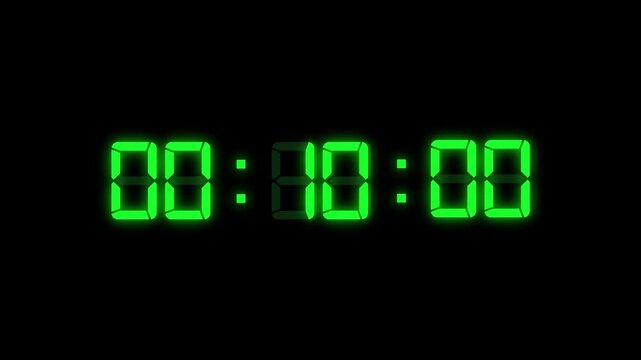  Countdown video with alpha channel. digital stopwatch count up with minutes, seconds, milliseconds from 15 to 0 seconds in black, reverse fifteen seconds digital countdown green timer animation.