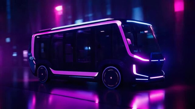 A sleek autonomous public transport vehicle glides through a neon-lit urban passage at night, glowing with vibrant magenta and cyan illumination