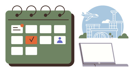 Planner with a marked date, displayed with a laptop and airport in the background, symbolizing trip scheduling, organizing, travel preparation. Ideal for travel planning, business trips