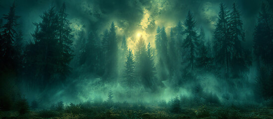 Obraz premium Mysterious Forest Landscape with Fog, Mist, and Dramatic Lighting for Moody Atmosphere and Deep Connection to Nature
