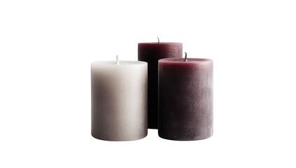 Three elegantly arranged candles in varying shades of gray and burgundy. set against a clean white background. creating a serene atmosphere ideal for relaxation or ambiance enhancement