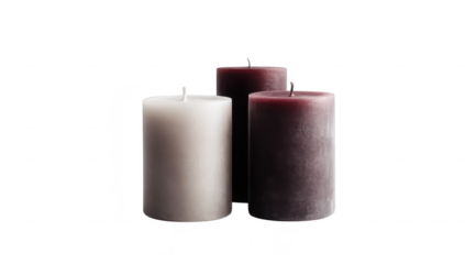 Three elegantly arranged candles in varying shades of gray and burgundy. set against a clean white background. creating a serene atmosphere ideal for relaxation or ambiance enhancement