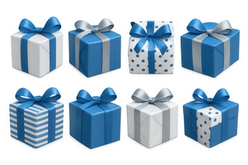 Assorted blue, white, and silver gift boxes with decorative ribbons, presenting festive celebration and giving concepts. Isolated