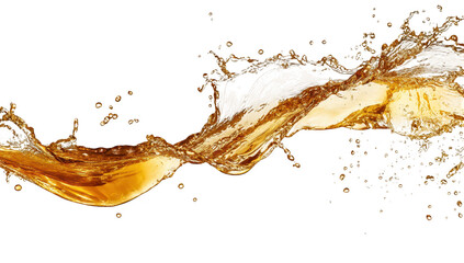 A dynamic splash of golden liquid gracefully arcs through the air against a pristine white background. capturing the essence of motion and fluidity. ideal for beverage promotions or artistic represent