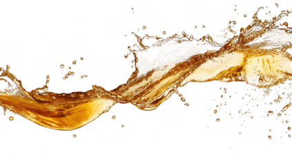 A dynamic splash of golden liquid gracefully arcs through the air against a pristine white background. capturing the essence of motion and fluidity. ideal for beverage promotions or artistic represent