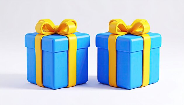 Two digitally rendered light blue square gift boxes with yellow ribbons and bows sit on a white background