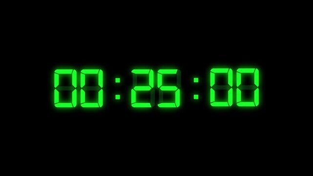 reverse thirty seconds digital countdown green timer animation, digital stopwatch count up with minutes, seconds, milliseconds from 30 to 0 seconds in black. Countdown video with alpha channel.