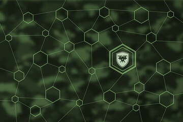 Dronen wall: Military drone defense concept graphic featuring a shield symbol with a UAV inside, set against a dark green hexagonal mesh background suggesting a secure network.