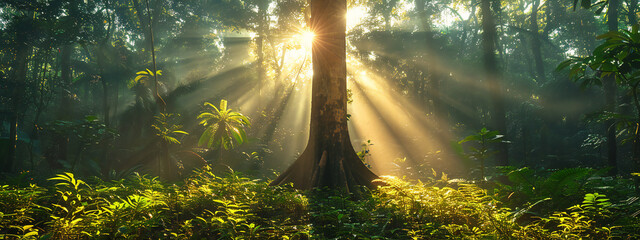 Obraz premium Breathtaking Earth Day Concept: Tropical Forest Preservation Scene with Canopy Tree in Wild Natural Setting, Highlighting Sustainability and Renewable Energy, Ideal for Eco-Friendly Brands