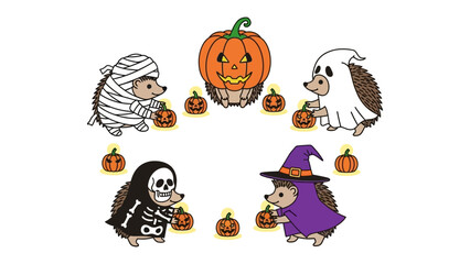 Hedgehog Halloween Party: Adorable hedgehogs dressed in spooky Halloween costumes — mummy, ghost, skeleton, and witch — gather around a jack-o'-lantern.