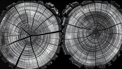 Two grayscale close-up images of cross-sectioned tree trunks, showcasing concentric rings and radial cracks, set against a black background