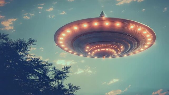 An enigmatic saucer-shaped celestial craft with radiant amber illumination hovers mysteriously under a pastel-hued sky, evoking notions of an alien presence