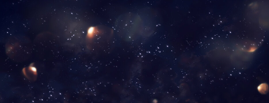 Glowing stars on night sky with festive golden bokeh. Horizontal background for shiny celebrations with space for text.