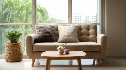 Cozy living room sofa natural tones lifestyle clean setup