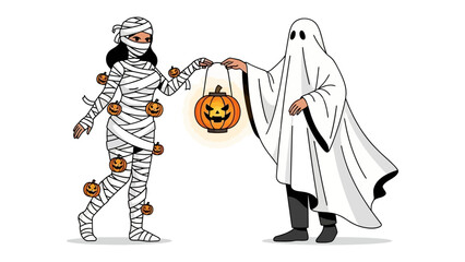 Halloween Encounter: A spooky Halloween illustration depicts a mummy interacting with a ghost. The ghost holds a glowing jack-o'-lantern. A captivating visual of two iconic holiday characters.
