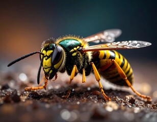 Close-up of a wasp on a dark surface