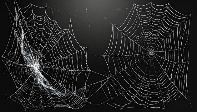 Two intricate spiderwebs, glistening with dew, are set against a dark background.  One web is more irregular, showing signs of age or disturbance